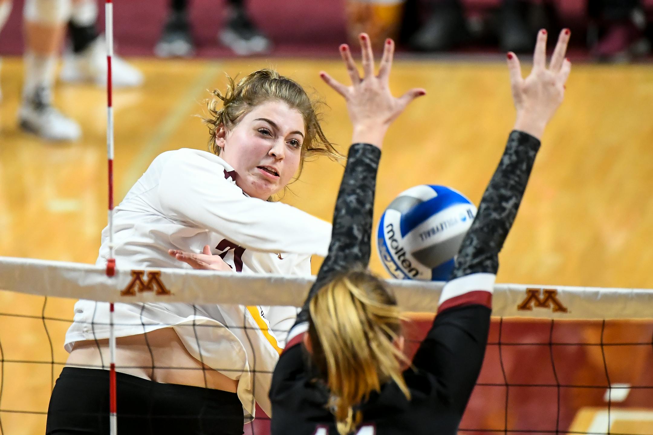 Minnesota middle blocker Regan Pittman scored a point off a spike early in the first set against South Carolina