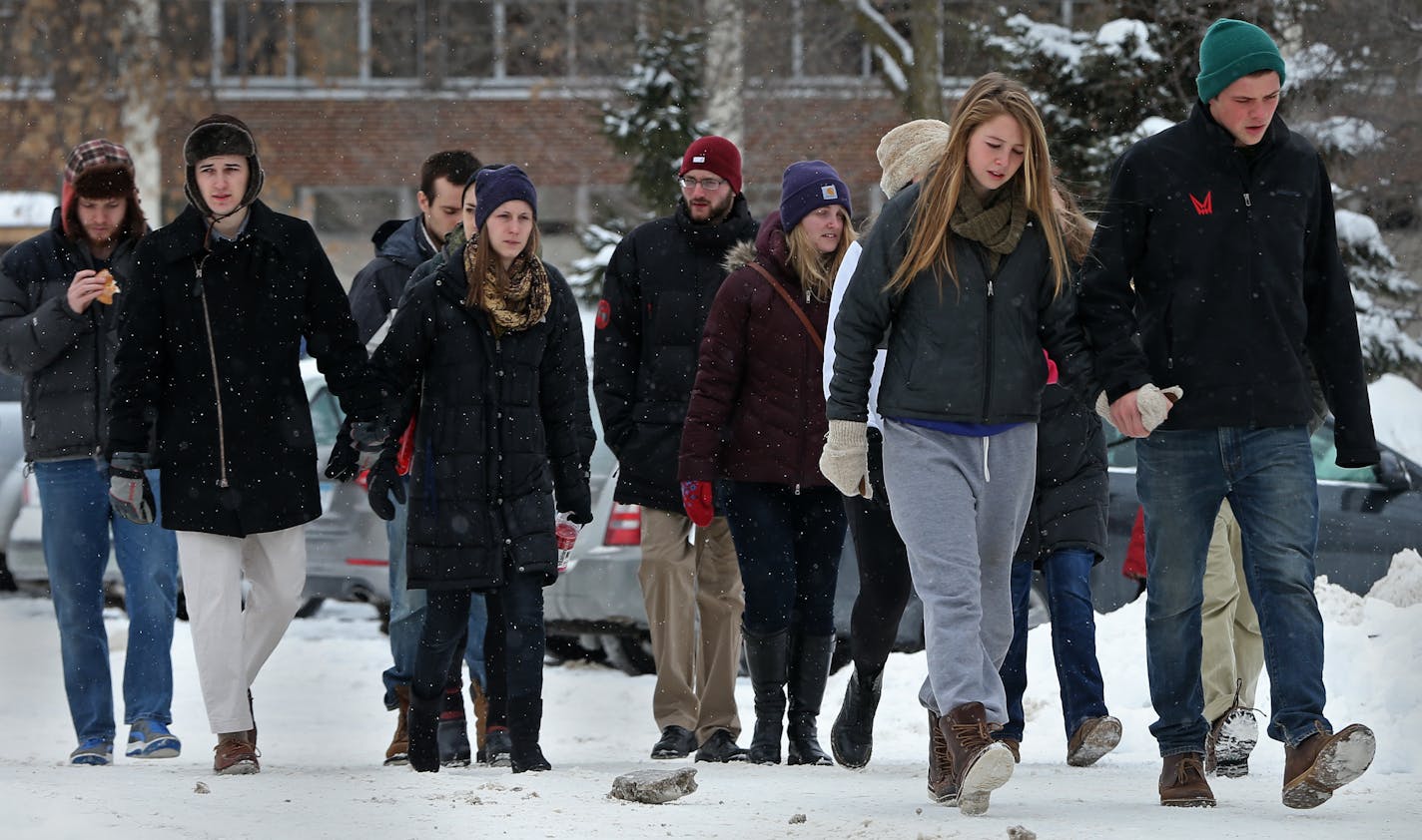 Carleton College students made their way to Skinner Memorial Chapel Saturday, March 1, 2014, for the service for three students killed on the icy roads north of Northfield on Friday.