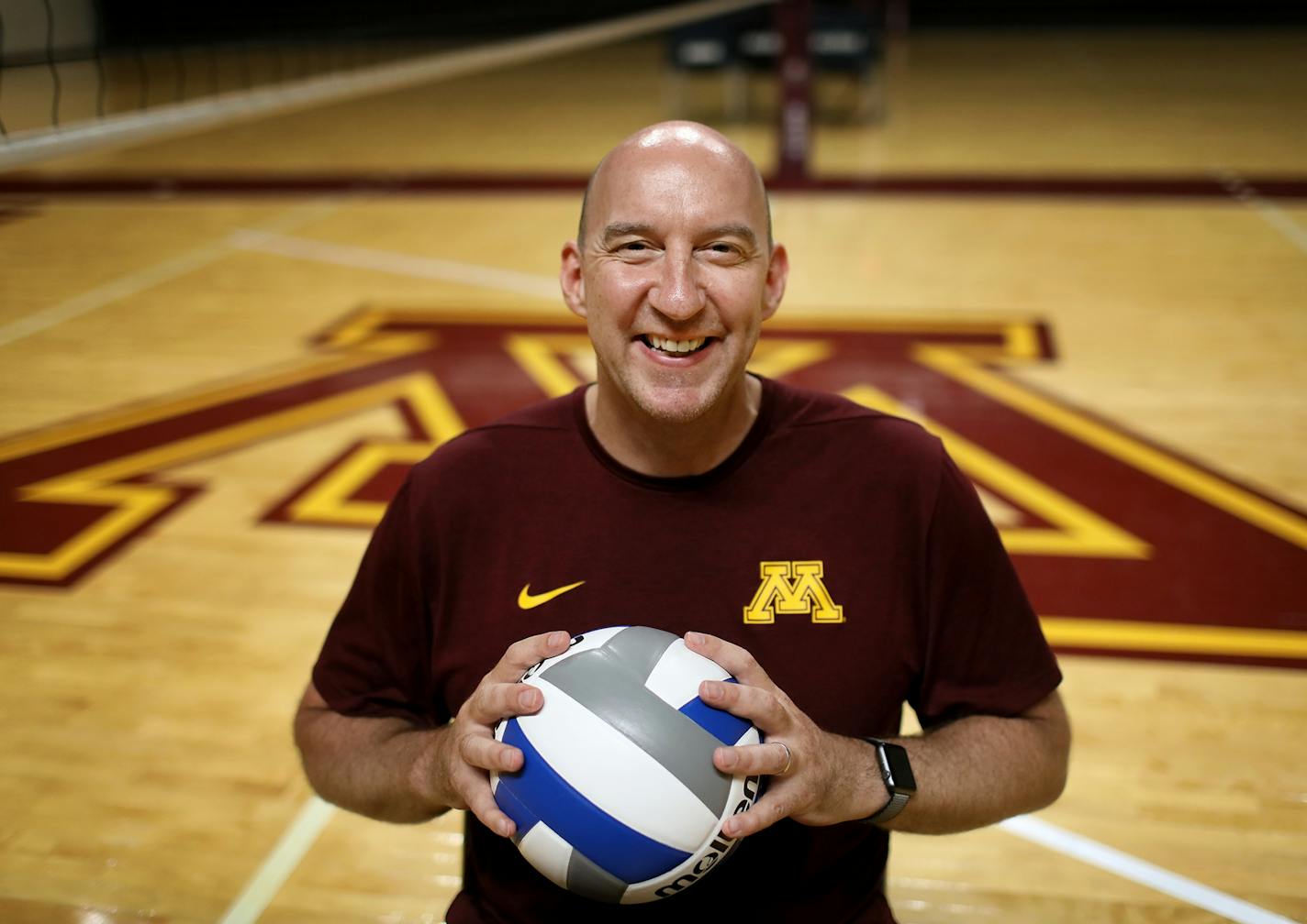 The expectations are high for University of Minnesota women's volleyball coach Hugh McCutcheon and his talented, young team that went deep into the NCAA tournament last year and will hosting the 2018 Division I Women's Volleyball Championship in December. Here, McCutcheon is seen posing for a portrait before practice Tuesday, Aug. 14, 2018, at Maturi Pavilion on the University of Minnesota campus in Minneapolis, MN.