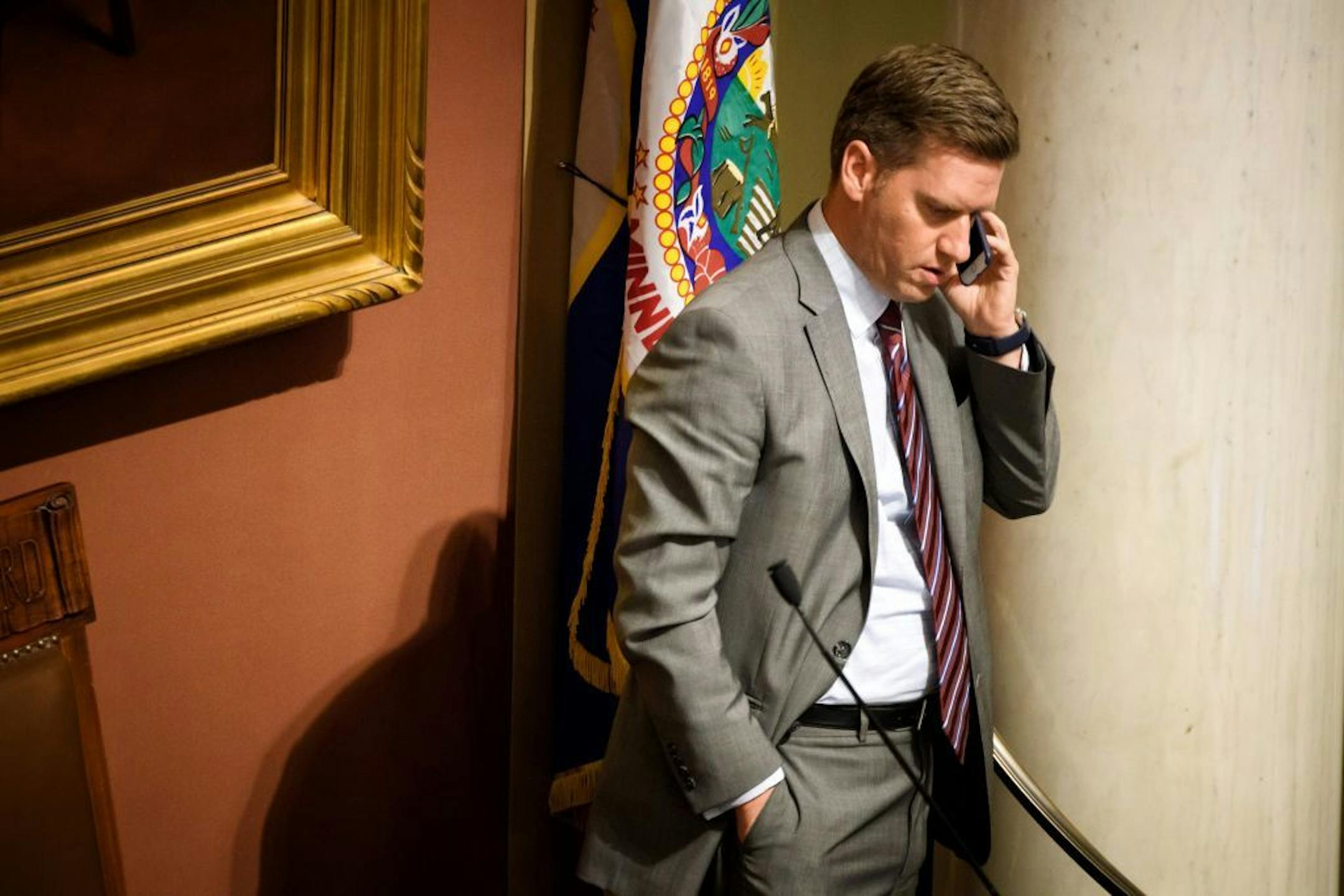 House Speaker Kurt Daudt took a phone call from the podium at 6:24 a.m. as the 7:00 a.m. adjournment time came closer.