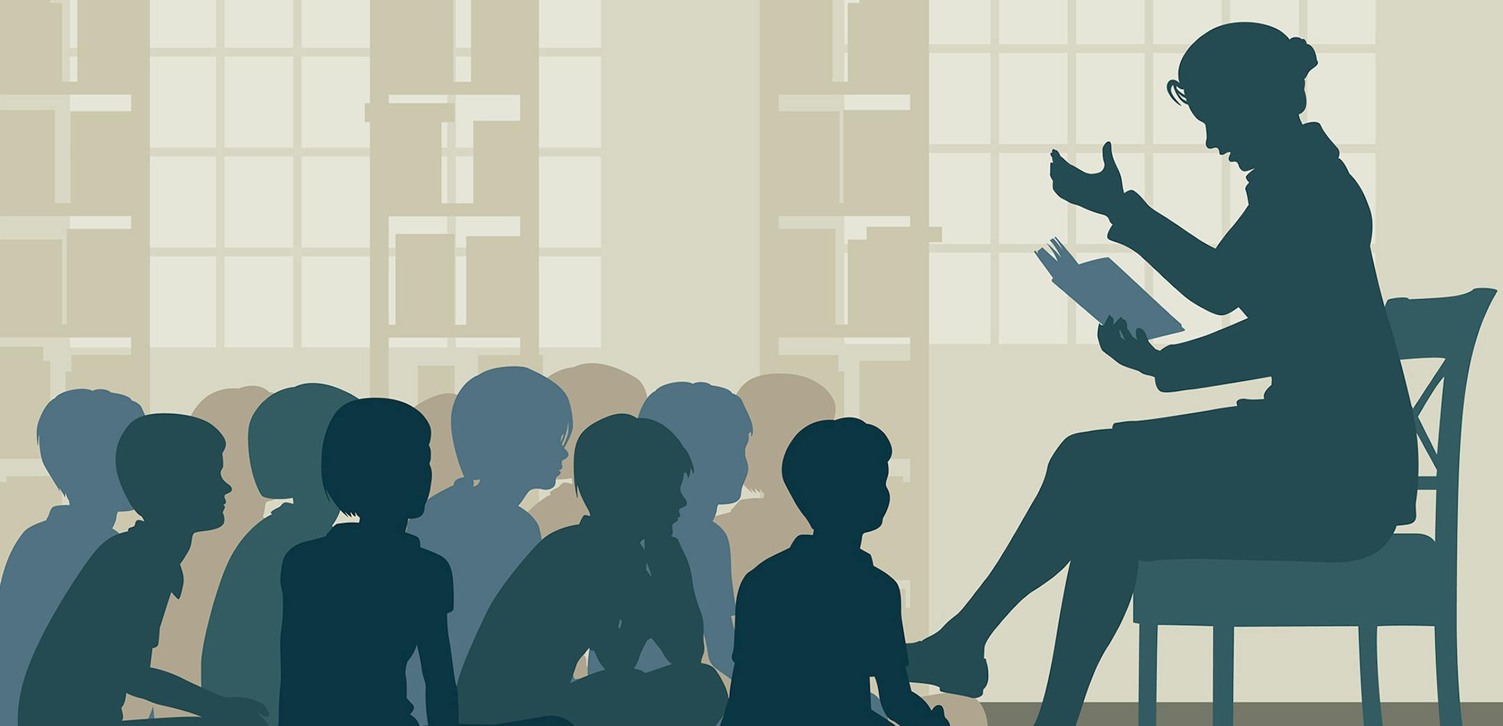 EPS8 editable vector illustration of a female teacher reading a story to her pupils sitting on the floor