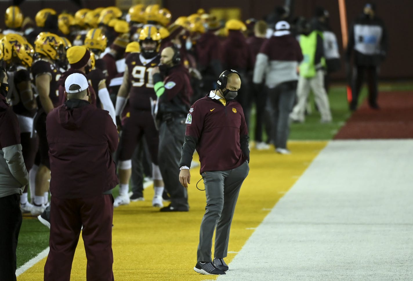 Coach P.J. Fleck walked the sideline during the Nov. 13 game against Iowa.