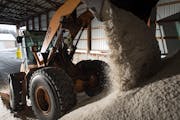 Excess salt from trucks returning from their routes is pushed back on top of the main salt pile with a wheel loader at the Arden Hills Truck Station.