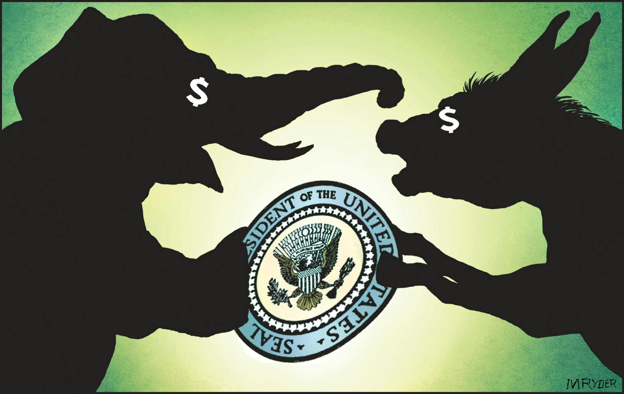 This artwork by M. Ryder relates to political fundraising by Democrats and Republicans.