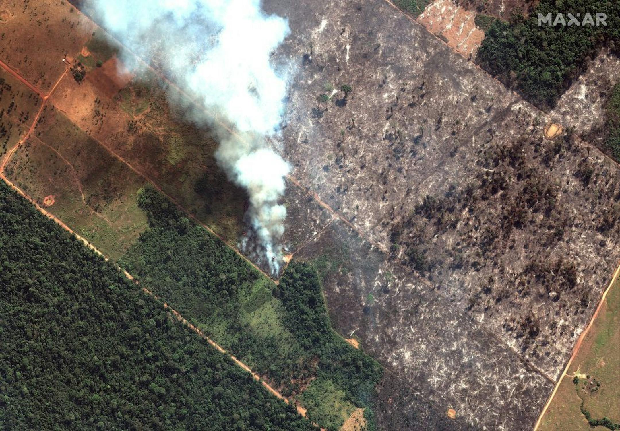 This Aug. 15, 2019 satellite image from Maxar Technologies shows closeup view of a fire southwest of Porto Velho Brazil. Brazil's National Institute for Space Research, a federal agency monitoring deforestation and wildfires, said the country has seen a record number of wildfires this year as of Tuesday, Aug. 20.