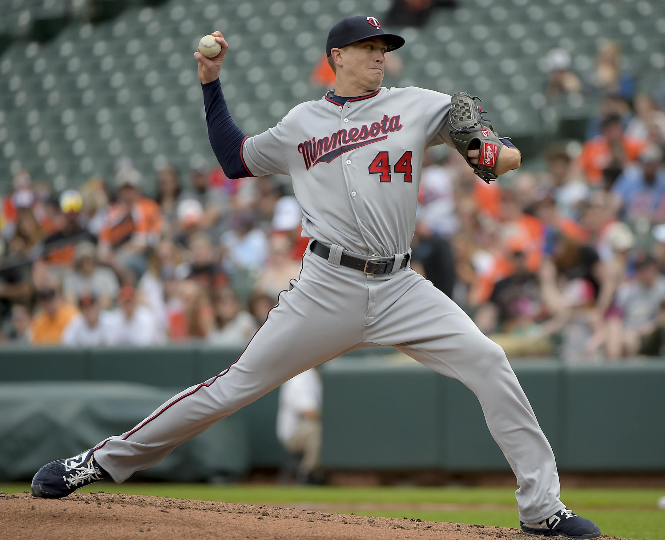 Minnesota Twins starting pitcher Kyle Gibson delivers a pitch in the first inning of a baseball game against the Baltimore Orioles, Sunday, April 21, 2019, in Baltimore. (AP Photo/Will Newton)