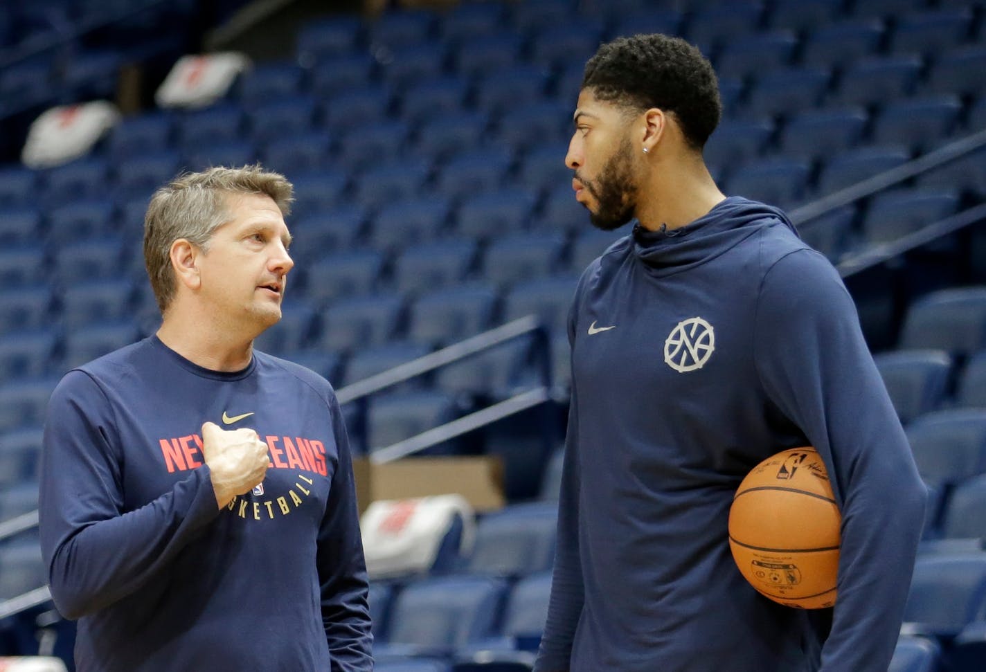 New Orleans Pelicans forward Anthony Davis (23) talks with assistant coach Chris Finch during practice at the Smoothie King Center in New Orleans on Thursday, May 3, 2018. The Pelicans will take on the Golden State Warriors in Game 3 Friday in New Orleans. (Photo by Brett Duke, NOLA.com | The Times-Picayune)