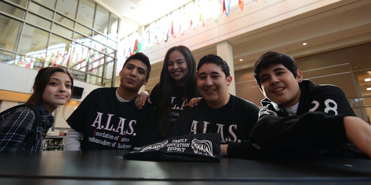 Members of the Association of Latino Ambassadors of Shakopee--Litzy Alonso, 15, Ruben Hernandez, 18, Christie Ortiz, 17, Bruno Pareja, 17, Ernesto Encines, 16&#xf3;are participating in Shakopee's upcoming mural design competition Photo by Liz Rolfsmeier, Special to the Star Tribune