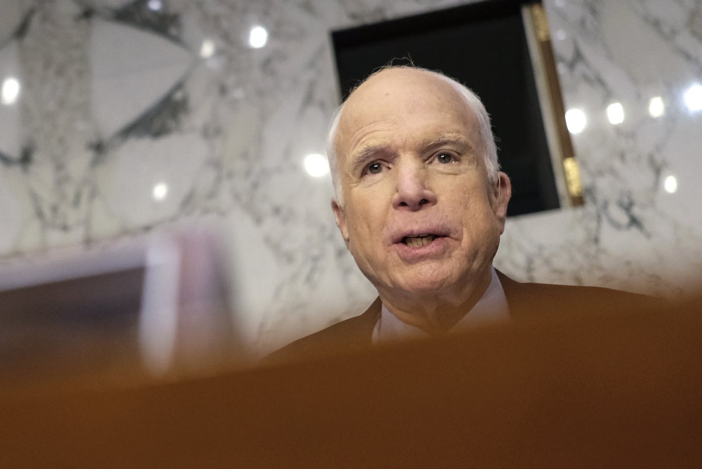 Sen. John McCain (R-Ariz.), chairman of the Senate Armed Services Committee, speaks during a hearing regarding the reappointment of Gen. Joseph Dunford to the chairman of the Joint Chiefs of Staff position, on Capitol Hill in Washington, Sept. 26, 2017. (Gabriella Demczuk/The New York Times)