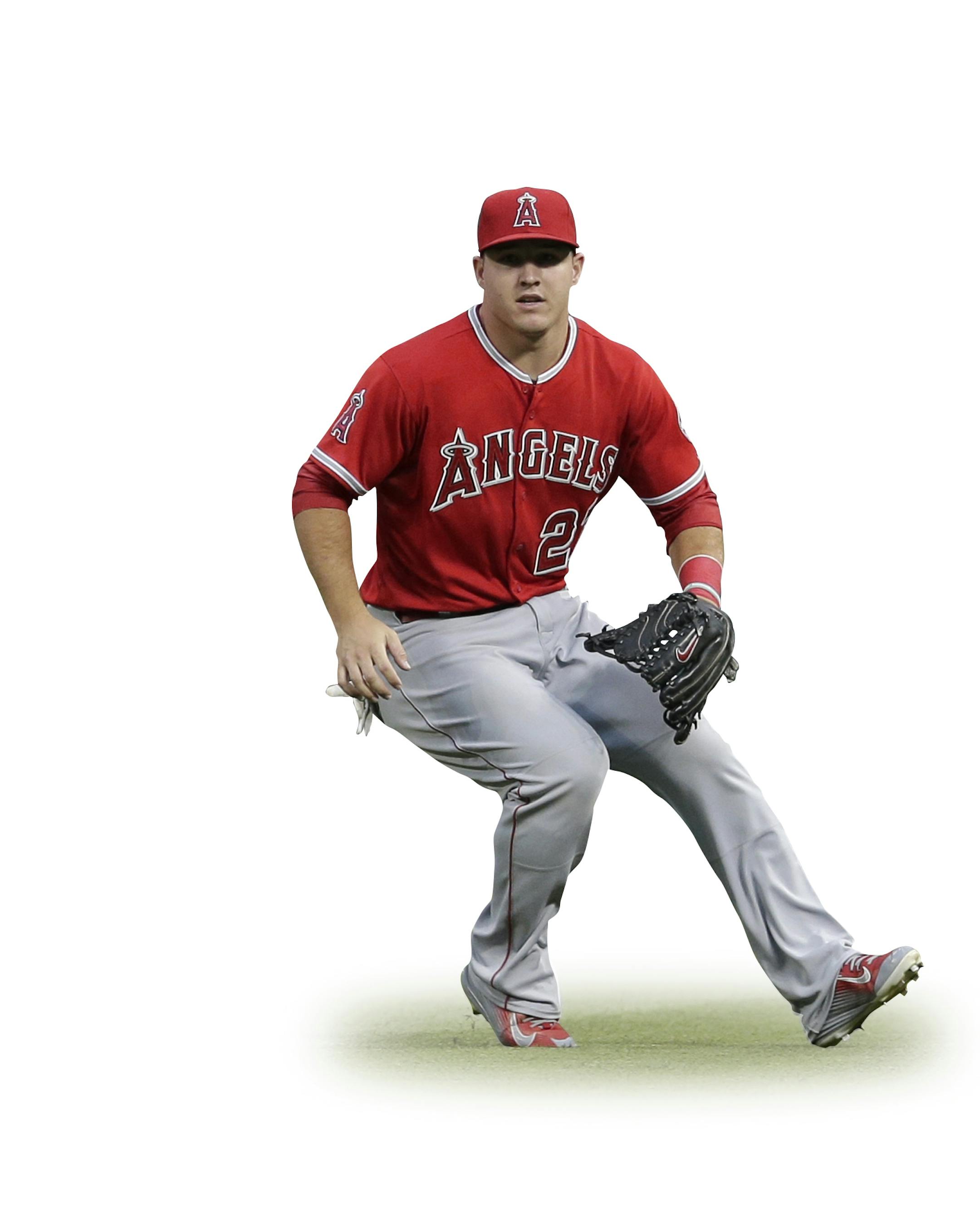 Los Angeles Angels' Mike Trout fields a single hit by Cleveland Indians&#xed; Lonnie Chisenhall in the second inning of a baseball game, Saturday, Aug. 29, 2015, in Cleveland. (AP Photo/Tony Dejak) ORG XMIT: OHTD10