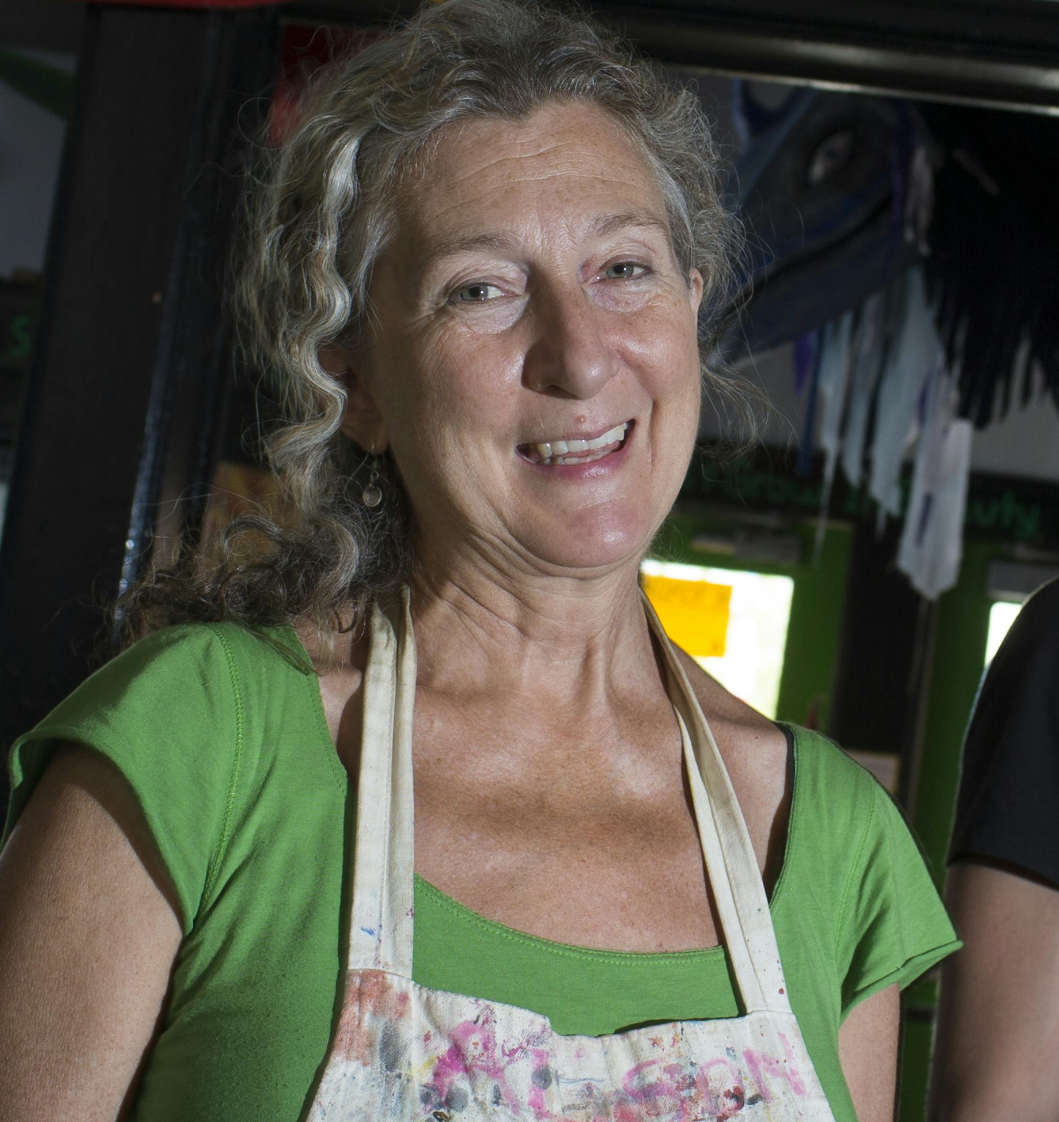 Heart of the Beast artistic director Sandy Spieler posed for a picture with Steve Ackerman, the facilities coordinator and tech director who has been put on temporary furlough because of the Heart of the Beast's financial crisis on Thursday, August 21, 2014 in Minneapolis, Minn. ] RENEE JONES SCHNEIDER ‚Ä¢ reneejones@startribune.com