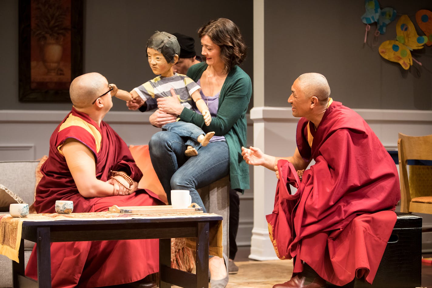 Eric &#x201c;Pogi&#x201d; Sumangil, Christina Baldwin, puppeteer Masanari Kawahara and &#xad;Tsering Dorjee Bawa in &#x201c;The Oldest Boy&#x201d; at the Jungle Theater in Minneapolis, onstage through Dec. 18.