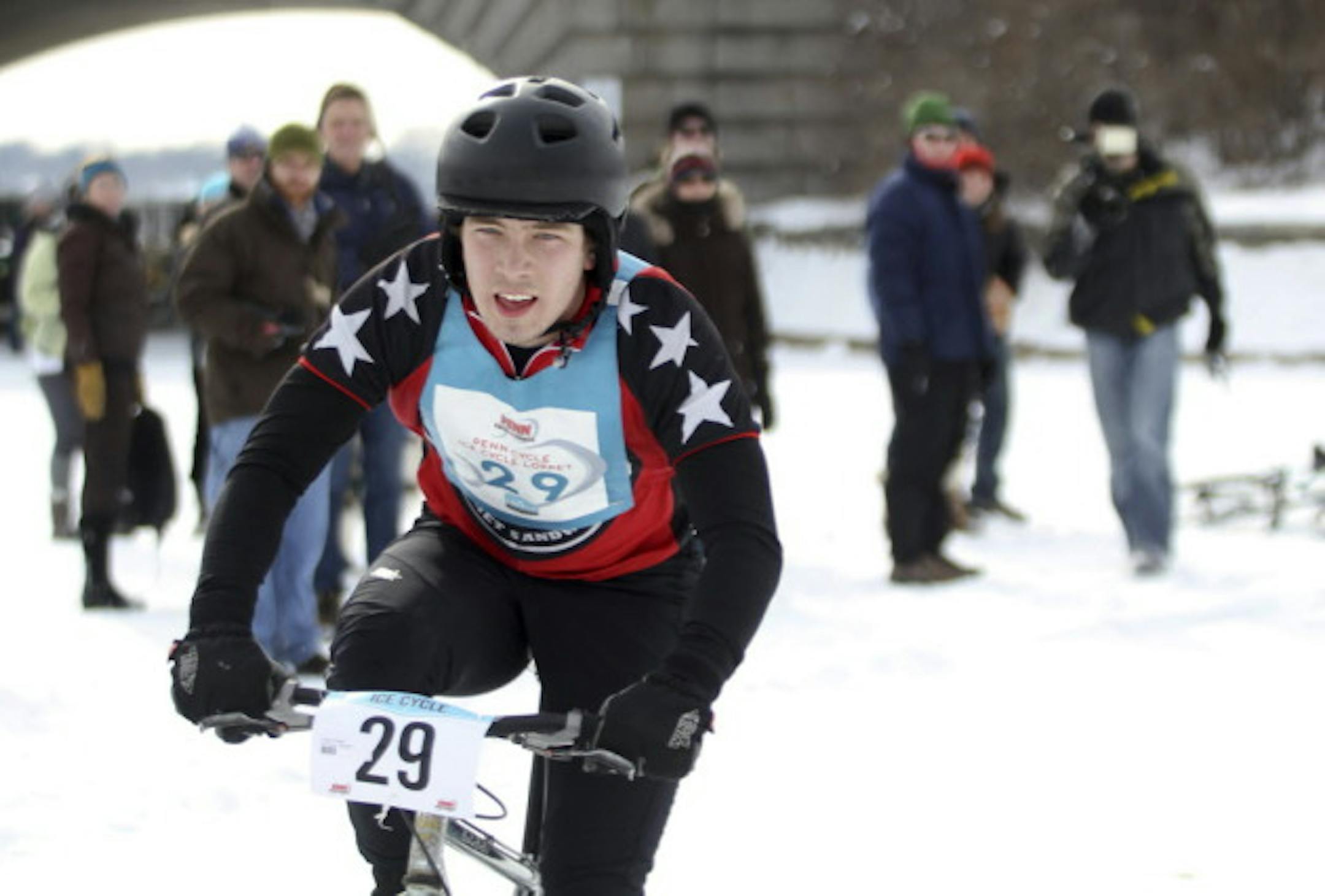 Chace Russell won a heat during ice-biking races held on the lagoon during the City of Lakes Loppet weekend.