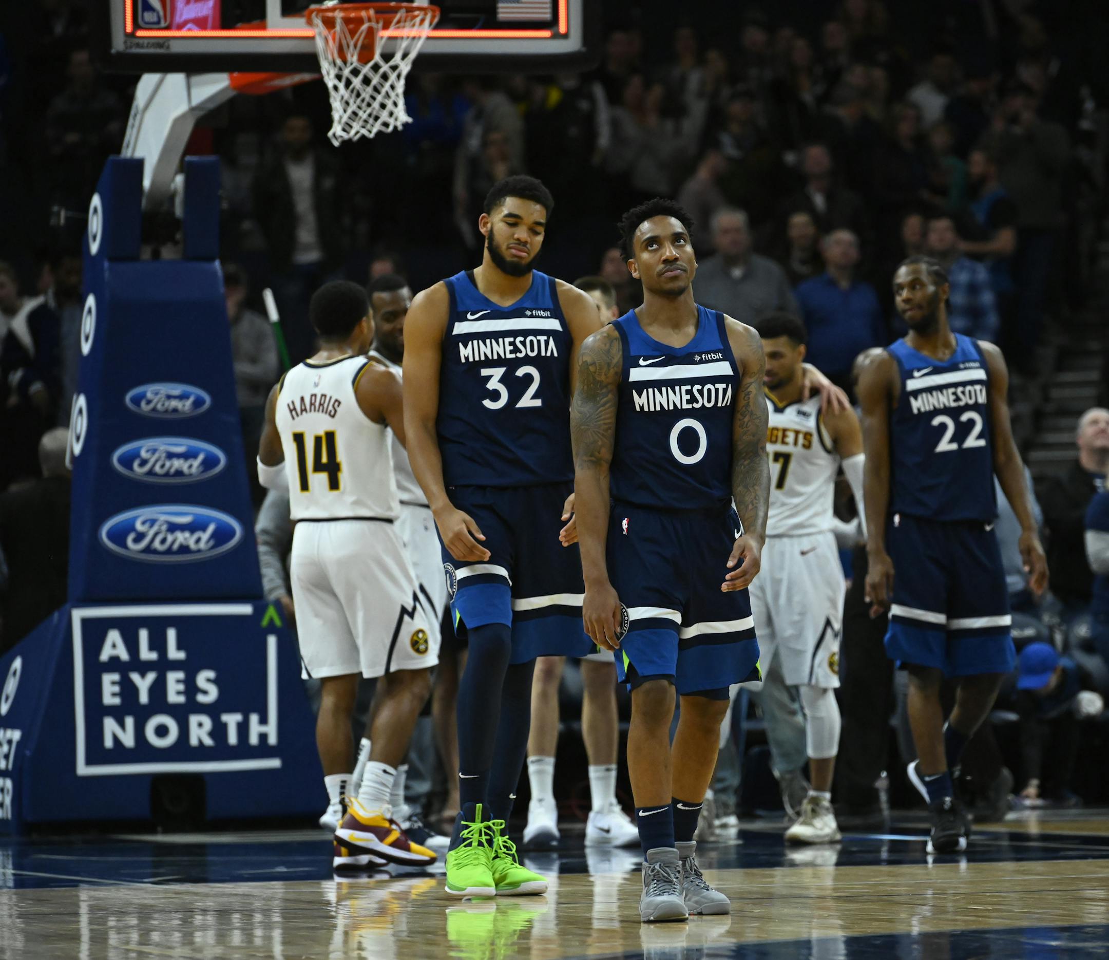 Minnesota Timberwolves center Karl-Anthony Towns (32), guard Jeff Teague (0) and forward Andrew Wiggins (22) were dejected following their 103-101 loss to the Denver Nuggets Wednesday night. ] Aaron Lavinsky • aaron.lavinsky@startribune.com The Minnesota Timberwolves played the Denver Nuggets on Wednesday, Nov. 21, 2018 at Target Center in Minneapolis, Minn.
