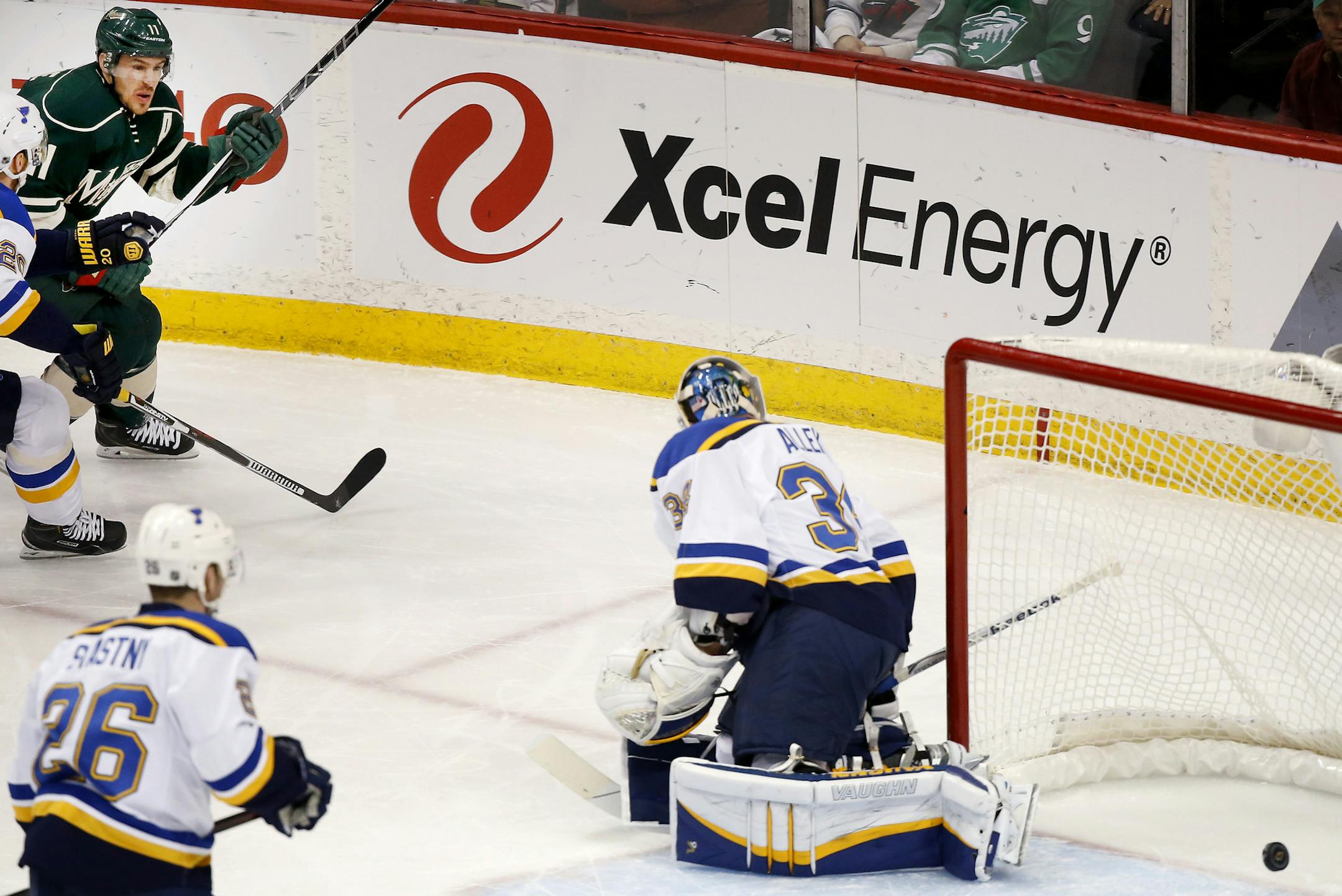 Zach Parise (11) got the puck pats Blues goalie Jake Allen (34) for a goal in the first period. ] CARLOS GONZALEZ cgonzalez@startribune.com, April 26, 2015, St. Paul, Minn., Xcel Energy Center, NHL, Minnesota Wild vs. St. Louis Blues, Game 6, Stanley Cup Playoffs