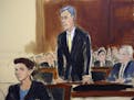 In this court room drawing, Michael Cohen stands to plead guilty, flanked by Assistant US Attorney Andrea Griswold, left, and Cohen's attorney Guy Pet