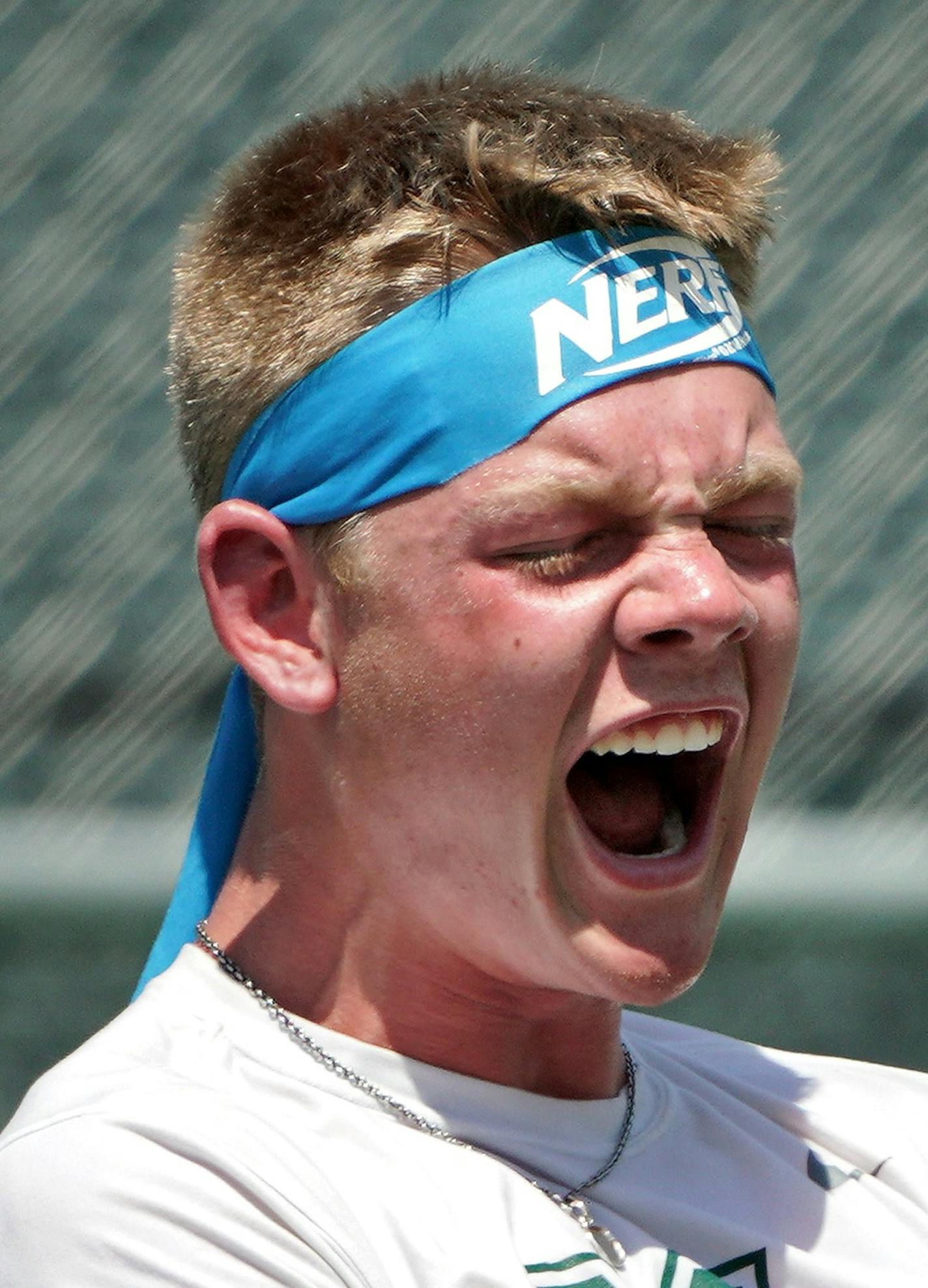 Class 2A boys' tennis individual and doubles championships. Here, Mounds View junior Bjorn Swenson celebrated his final point to win his second championship. The 2019 Class 2A singles champion as a freshman and the No. 1 seed in the 2A bracket, defeated No. 2 seeded Matthew Fullerton of Edina.