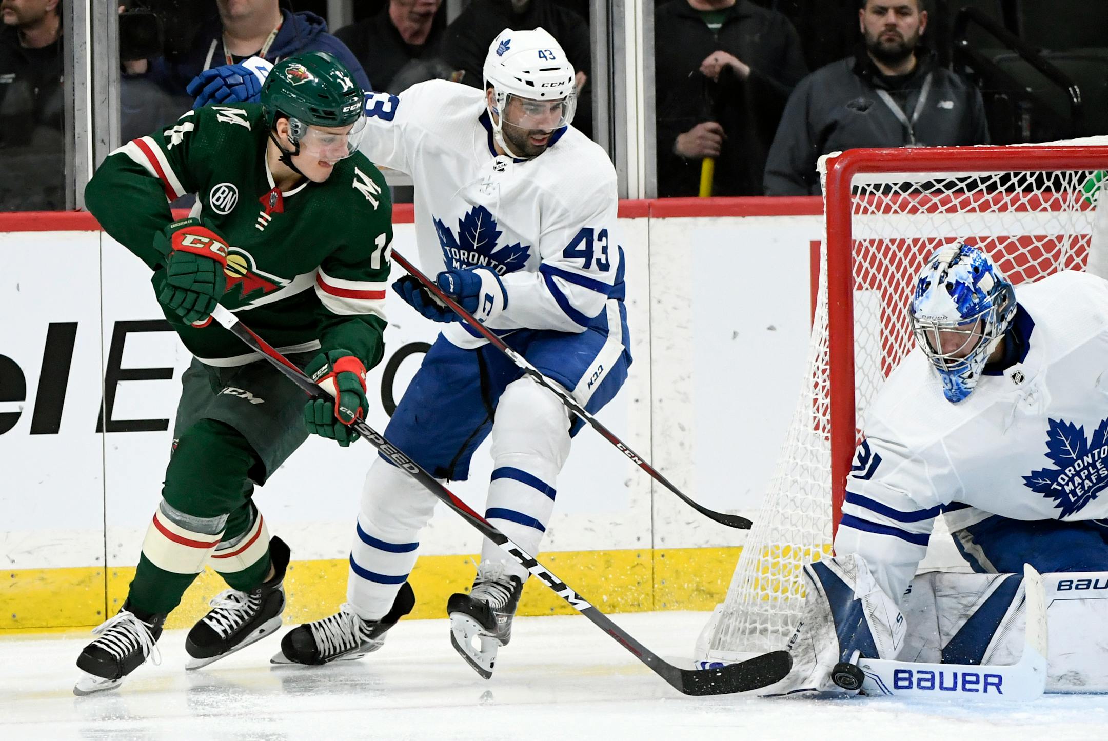 Maple Leafs goaltender Frederik Andersen blocked a shot by the Wild's Joel Eriksson Ek