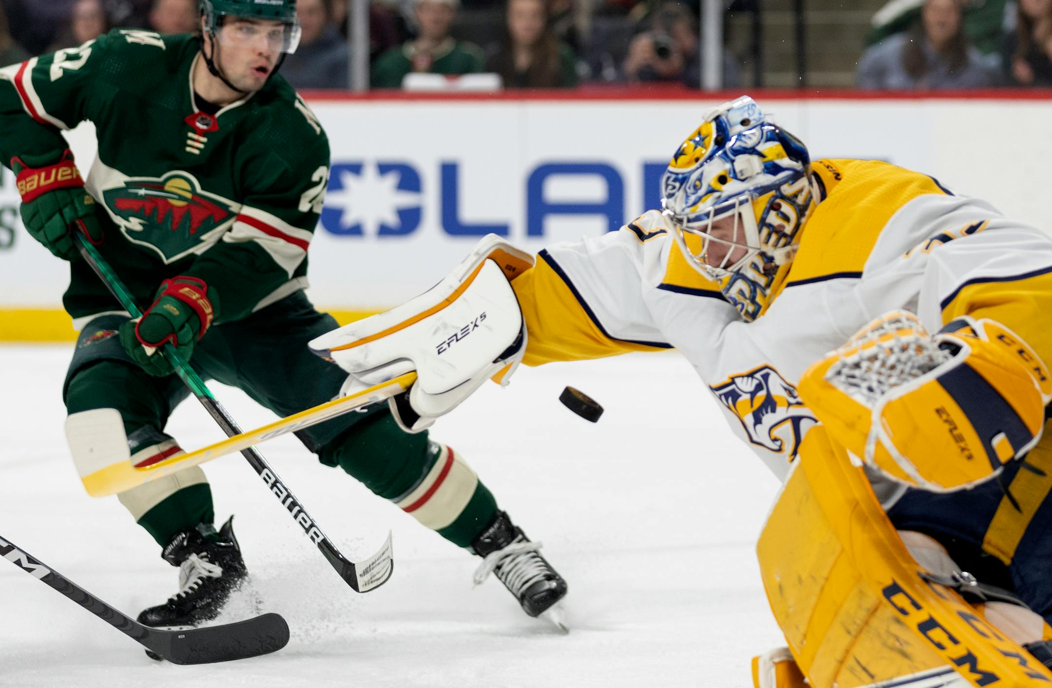 Nashville Predators goalie David Rittich (33) blocks a shot in the first period.