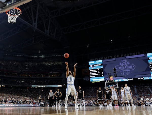 North Carolina guard Joel Berry II shoots a free throw during the second half against Gonzaga in the finals of the Final Four NCAA college basketball 