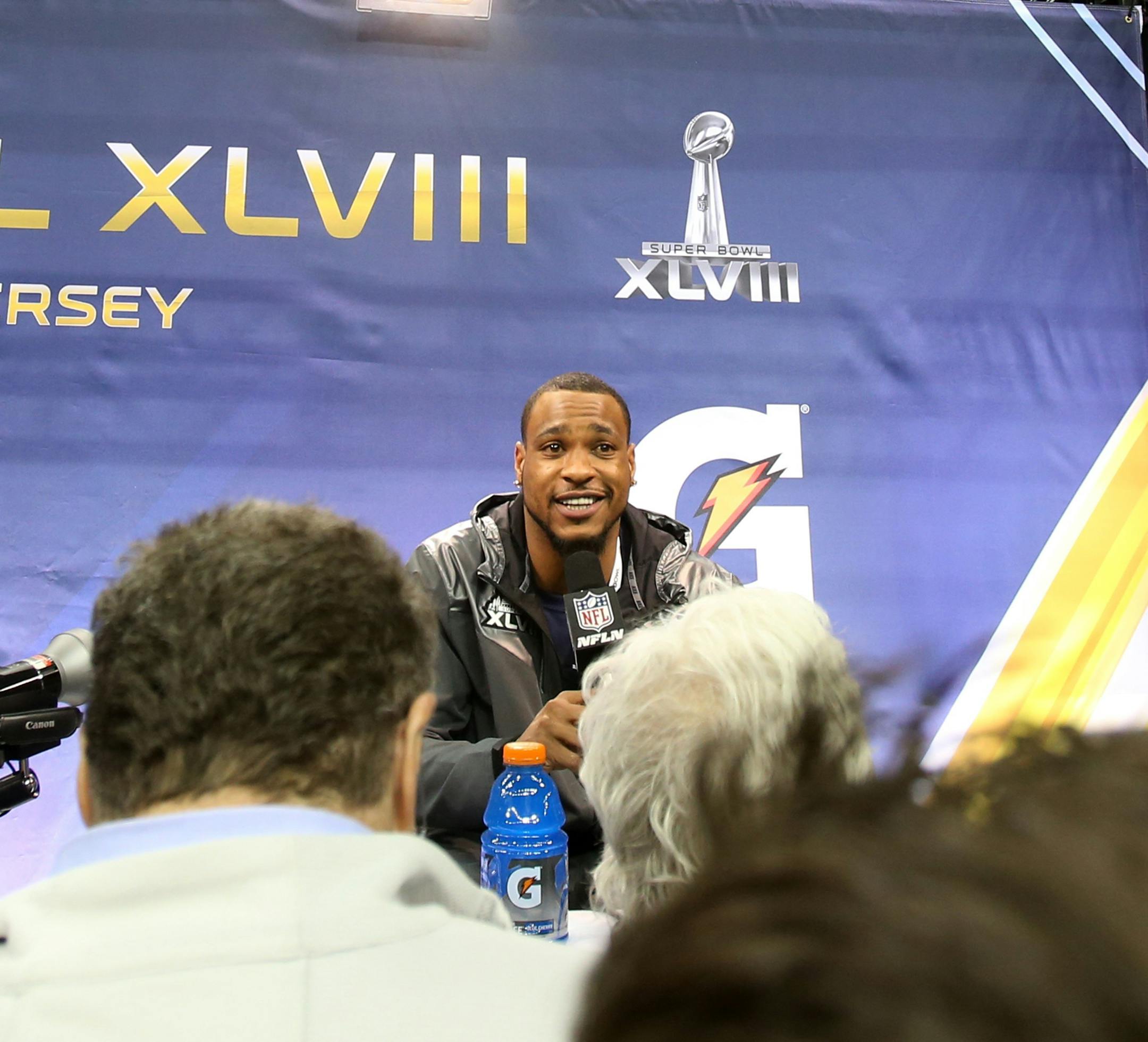 Percy Harvin of the Seattle Seahawks answers questions during media day for Super Bowl XLVIII at the Prudential Center in Newark, N.J., on Tuesday, Jan. 28. 2014. (Brian Branch Price/MCT)