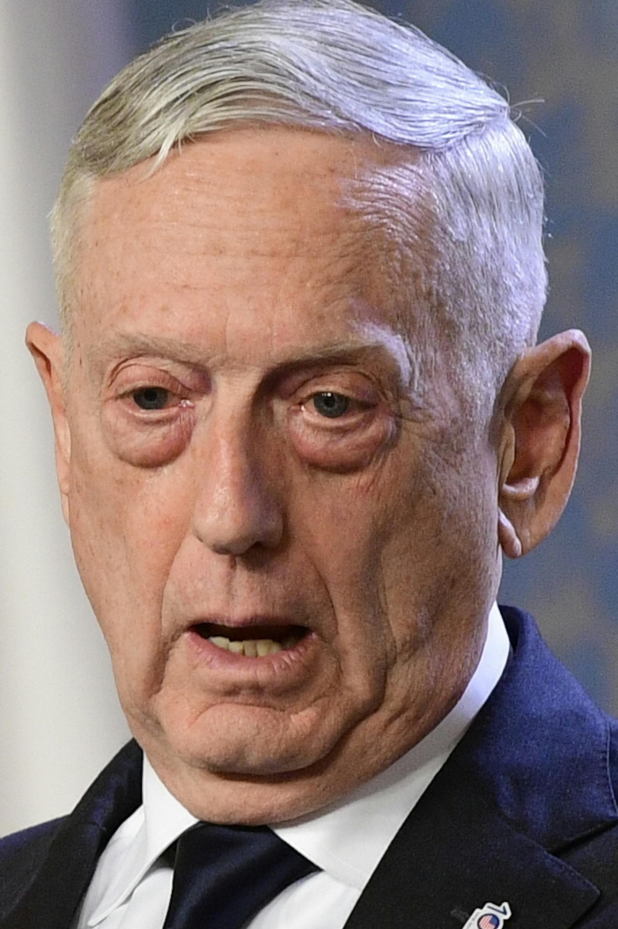 U.S. Defense Secretary Jim Mattis, talks to journalists during a press conference with Czech Prime Minister Andrej Babis, not shown, in Prague, Czech Republic, Sunday, Oct. 28, 2018. Mattis arrives in Prague to mark the 100th anniversary of the 1918 creation of the Czechoslovak state. (Roman Vondrous/CTK via AP) ** SLOVAKIA OUT **