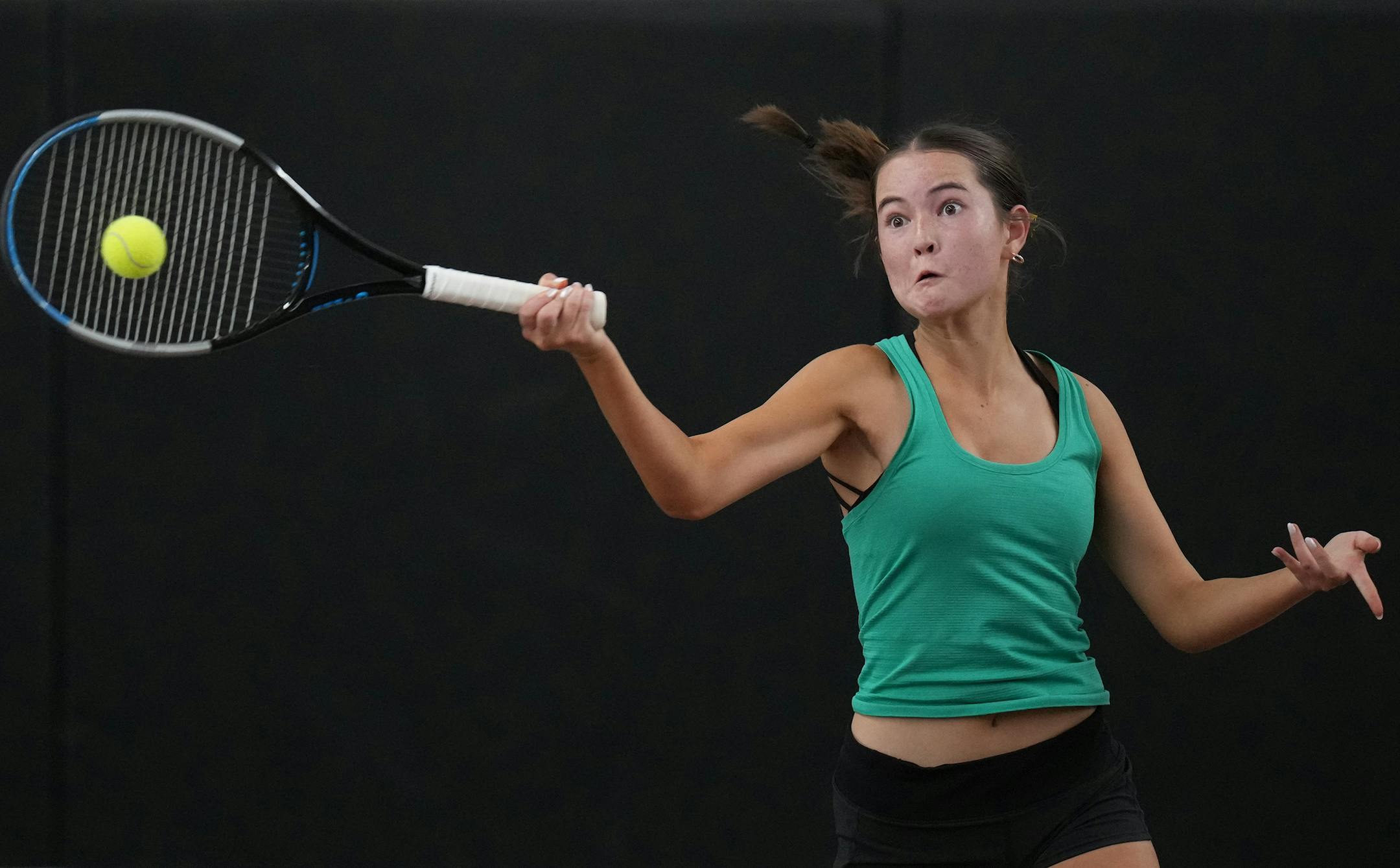 Aoife Loftus of Mayo returns a volley on the way to beating Astrid Kerrman of Edina at the Baseline Tennis Center in Minneapolis, Minnesota on Wednesday, Oct. 25, 2023.
