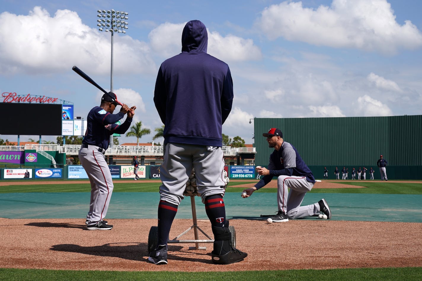 Twins third baseman Miguel Sano has a protective boot on his right leg to protect a cut he sustained in the offseason