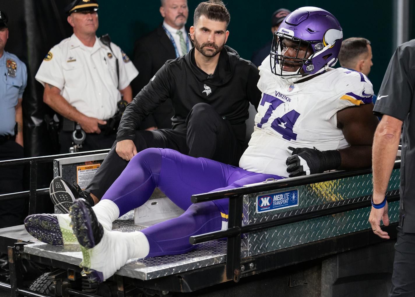 Minnesota Vikings offensive lineman Olisaemeka Udoh (74) is carted off the field Thursday, September 14, 2023, Lincoln Financial Field in Philadelphia, Pa. ] CARLOS GONZALEZ • carlos.gonzalez@startribune.com