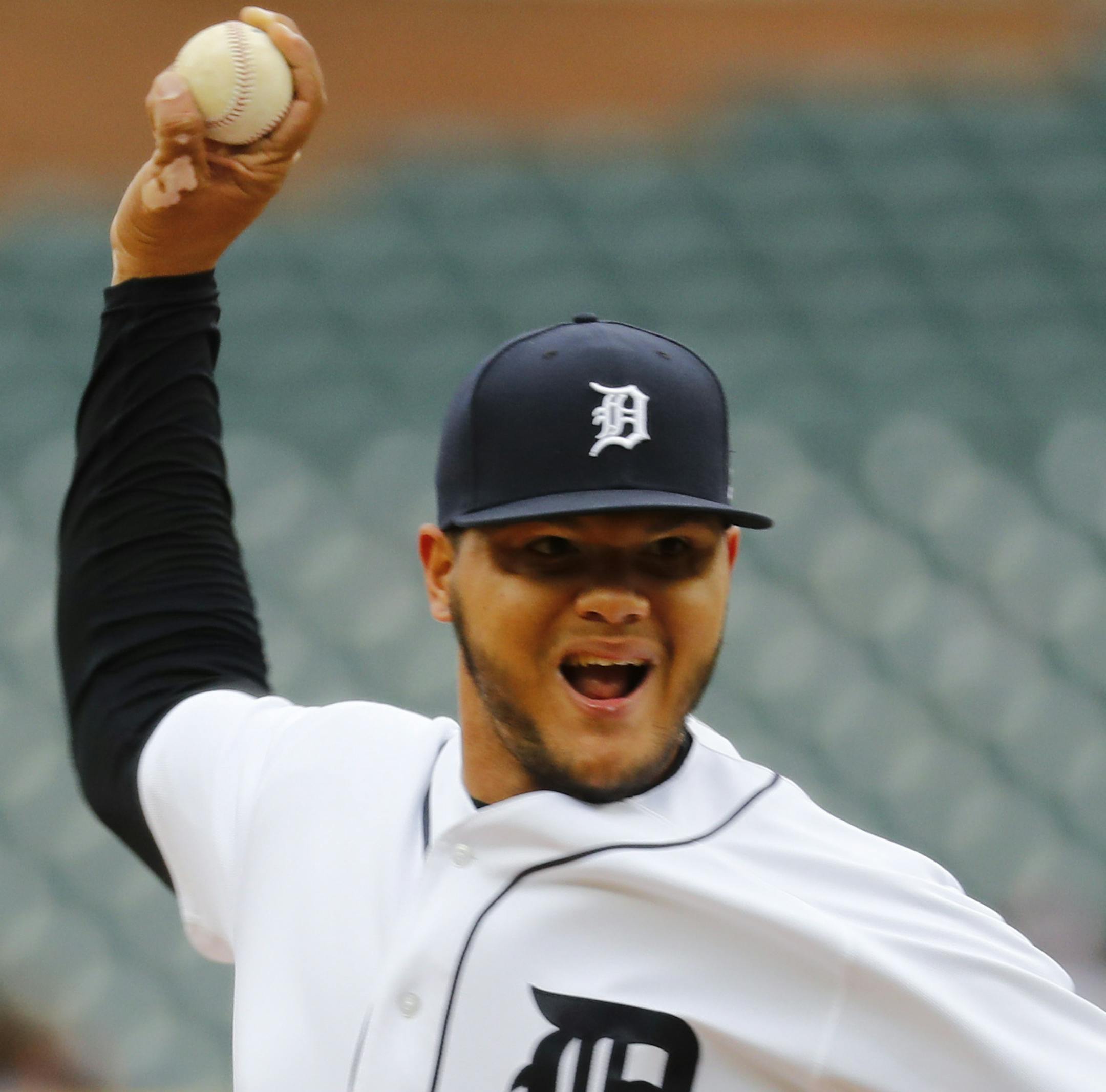 Detroit Tigers relief pitcher Joe Jimenez throws against the Minnesota Twins in the ninth inning of a baseball game in Detroit, Thursday, April 13, 2017. (AP Photo/Paul Sancya)