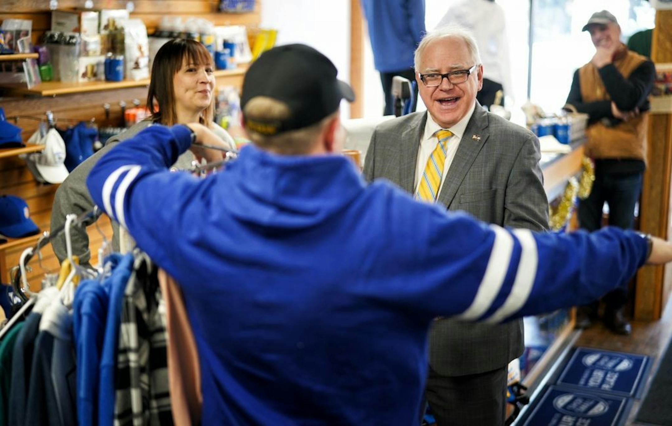 Minnesota Governor Tim Walz talked with Jeremiah and Jaala Miller, owners of 4-Seasons Athletics on North State St., Waseca. He was touring Waseca businesses with Mayor Roy Srp.