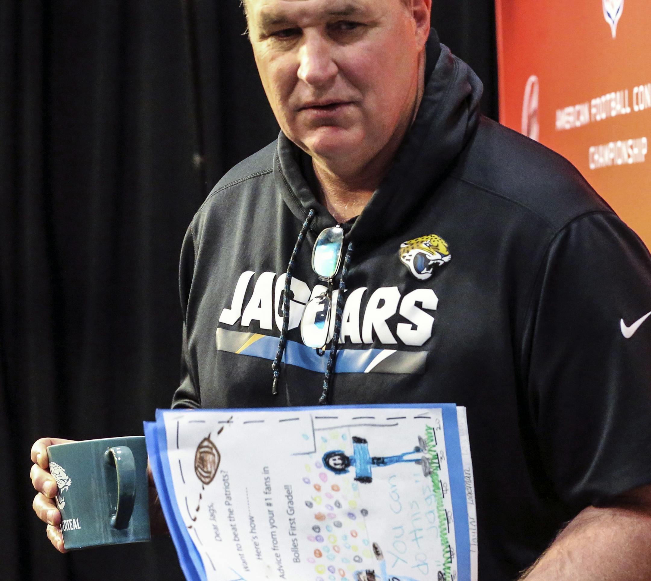 Jacksonville Jaguars head coach Doug Marrone holds letters with advice from first graders on how to beat the New England Patriots during a press conference after NFL football practice in Jacksonville, Fla., Thursday, Jan. 18, 2018. (AP Photo/Gary McCullough)