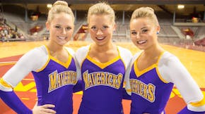 Minnesota State University, Mankato dancers, Kacee Kons, Brittany Kay and Brooklyn Kemmerer check out the 5,000 plus fans as they wait for the Best of
