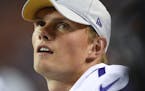 Minnesota Vikings kicker Daniel Carlson on the sidelines in the second half of an NFL football game against the Denver Broncos Saturday, Aug. 11, 2018
