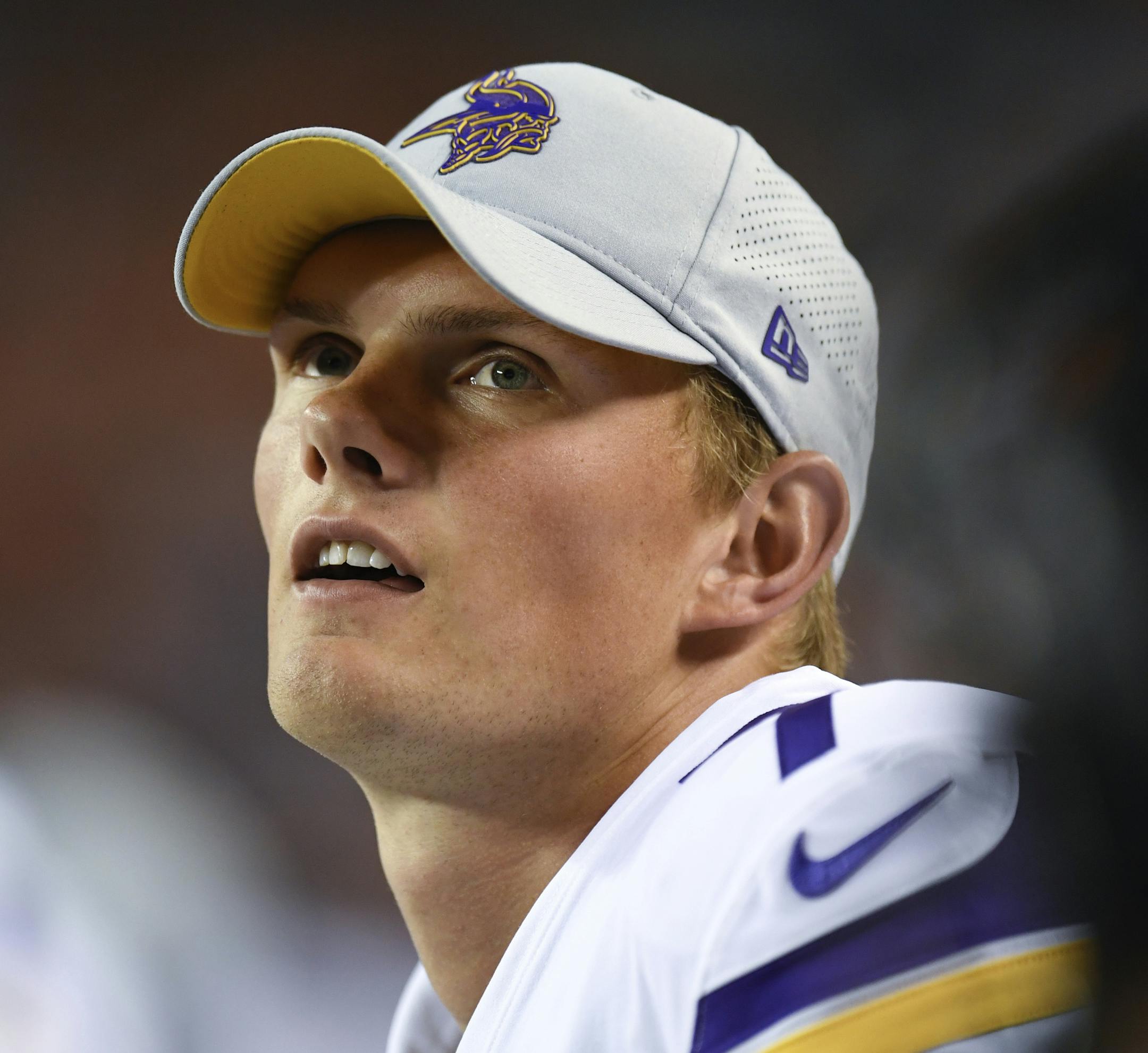 Minnesota Vikings kicker Daniel Carlson on the sidelines in the second half of an NFL football game against the Denver Broncos Saturday, Aug. 11, 2018, in Denver. (AP Photo/Mark Reis)