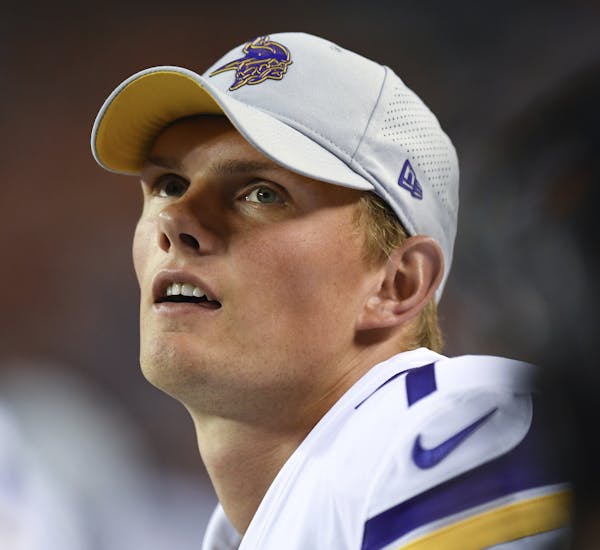 Minnesota Vikings kicker Daniel Carlson on the sidelines in the second half of an NFL football game against the Denver Broncos Saturday, Aug. 11, 2018