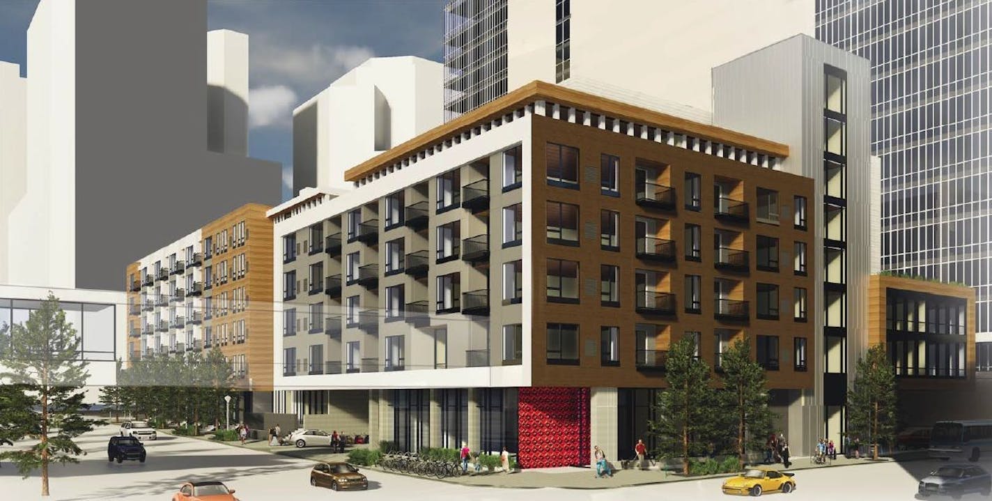 The new mixed-use development would be built on a parking lot next to Thrivent Financial's offices. Image courtesy ESG Architects