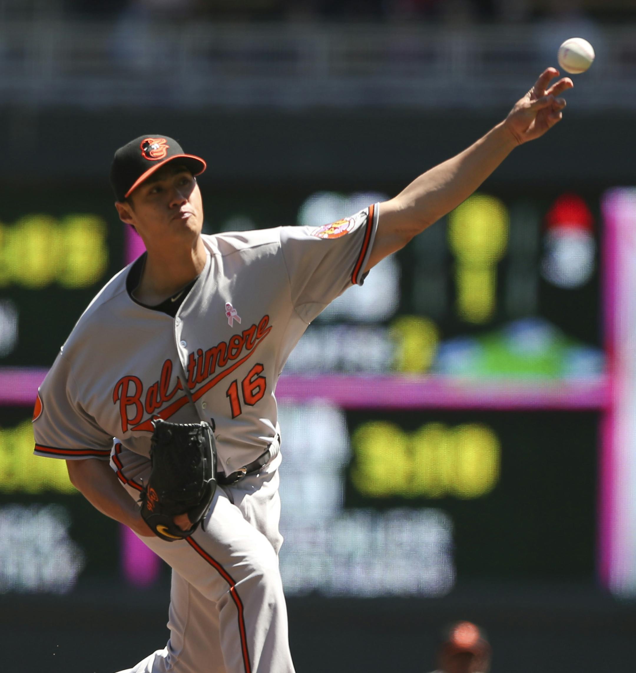 The Minnesota Twins finished up their series with the Baltimore Orioles Sunday afternoon, May 12, 2013 at Target Field in Minneapolis. Orioles' starting pitcher Wei-Yin Chen throwing against the Twins in the first inning. ] JEFF WHEELER ‚Ä¢ jeff.wheeler@startribune.com
