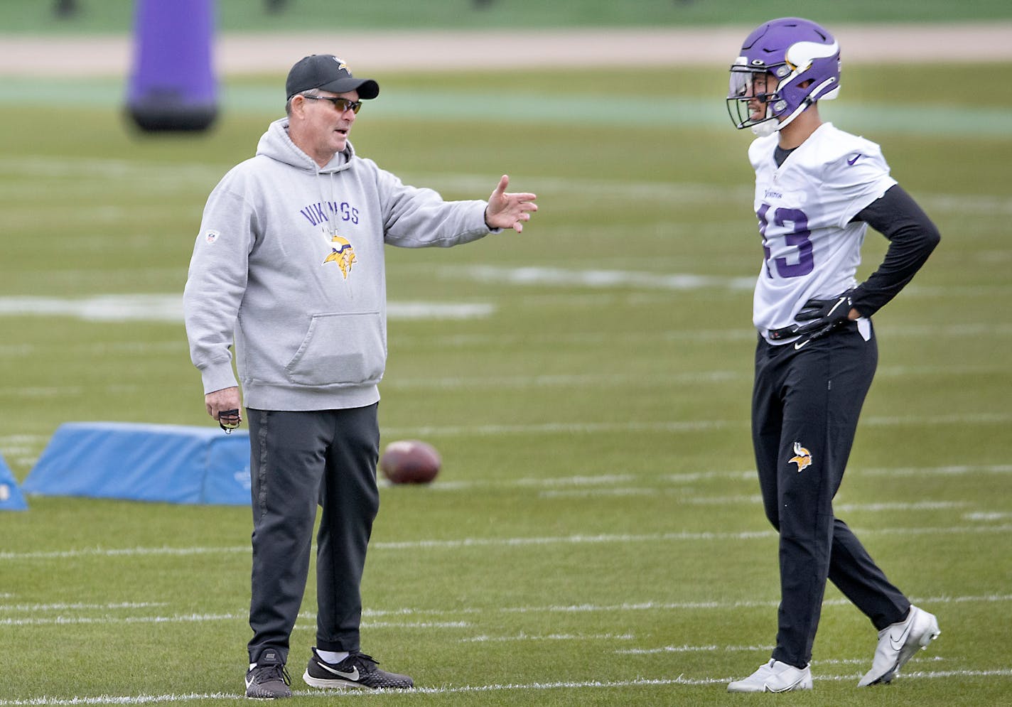 Vikings rookies, including safety Camryn Bynum as he listened to Head Coach Mike Zimmer, practiced at TCO Performance Center, Friday, May 14, 2021 in Eagan, MN. ] ELIZABETH FLORES • liz.flores@startribune.com