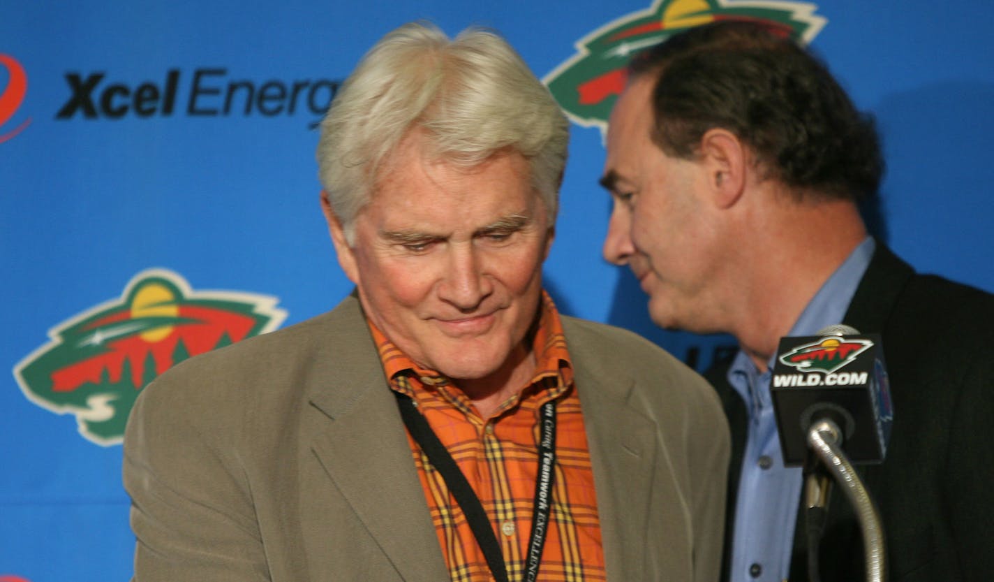 BRUCE BISPING &#xef; bbisping@startrubune.com St. Paul, MN., Thursday, 1/10/08] (left to right) Minnesota Wild Press Conference. Minnesota Wild Chairman Bob Naegele and Vice Chairman Jac Sperling embaced during a press conference announcing the sale to Craig Leipold.