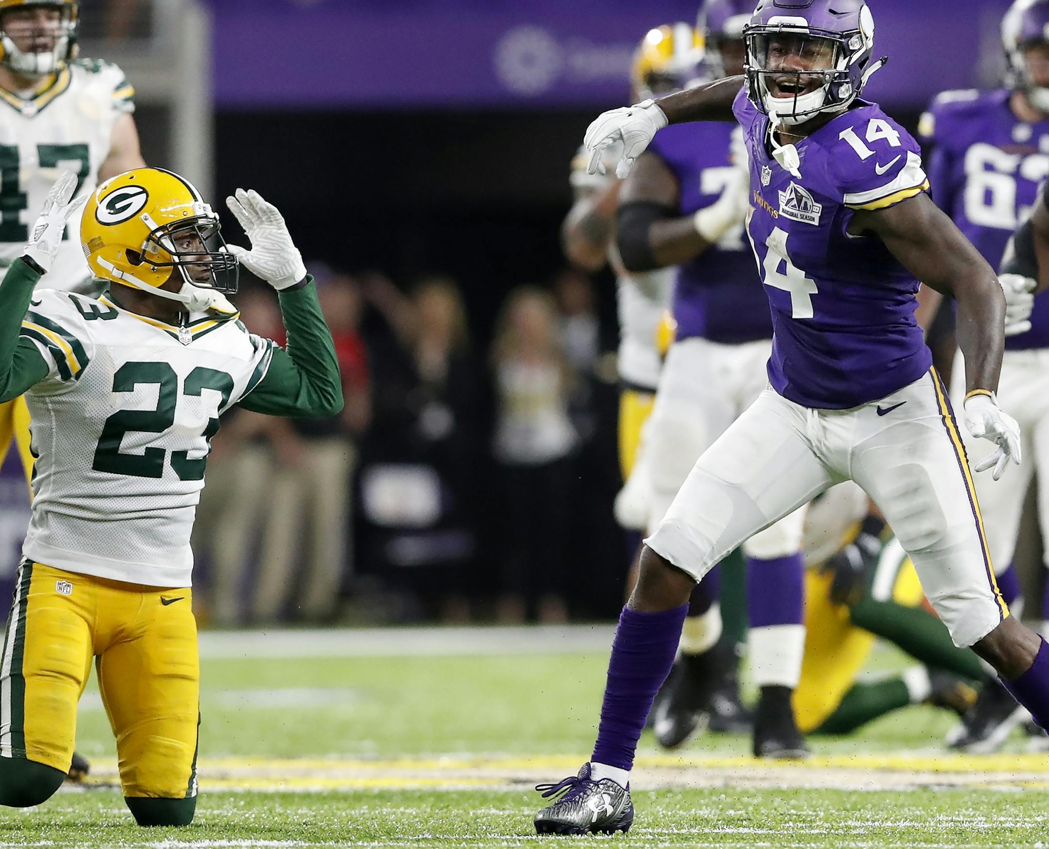 Stefon Diggs reacted after pass interference was called on Damarious Randall (23) late in the fourth quarter.