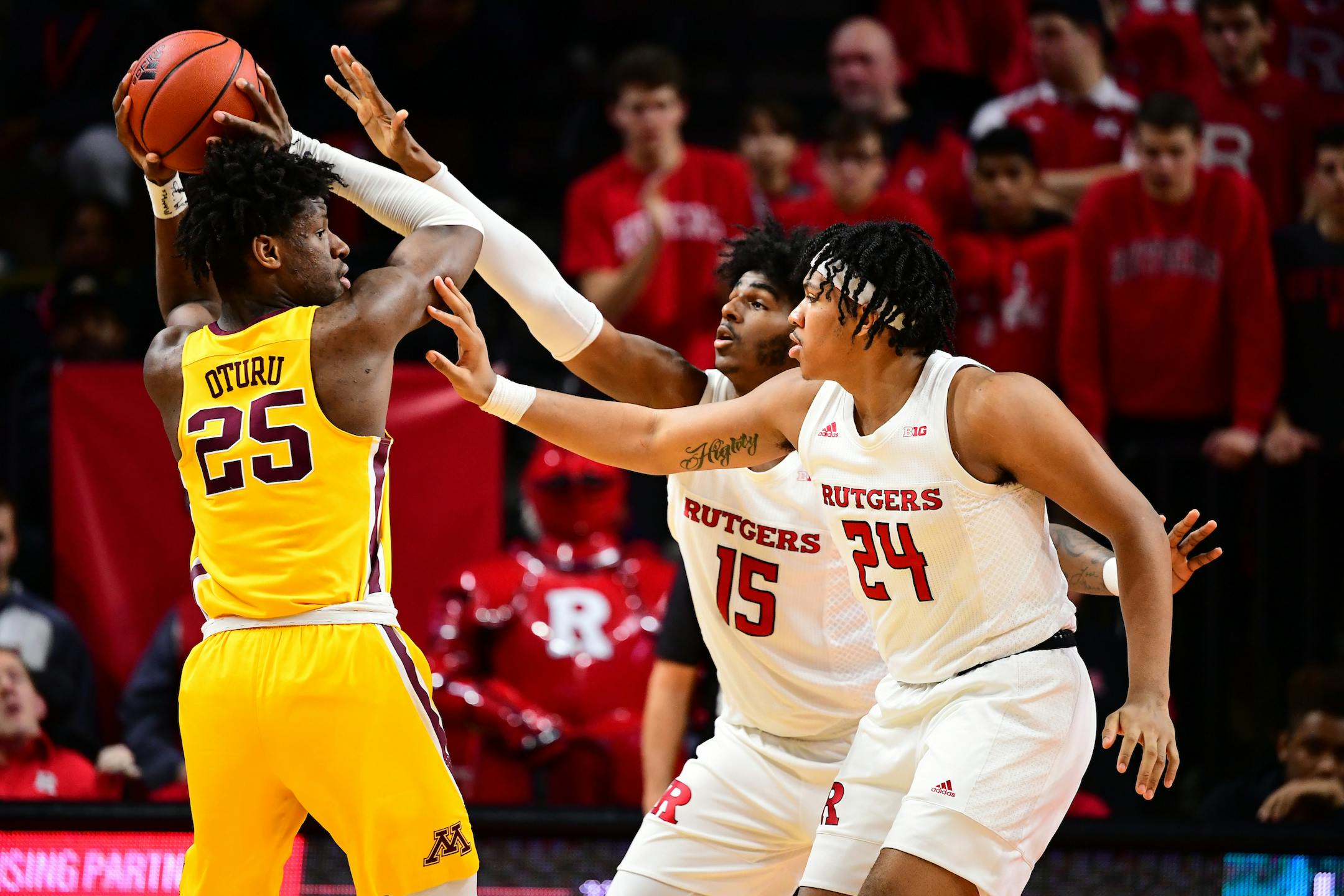 Eleven NBA scouts representing eight teams were at the Rutgers Athletic Center to watch Gophers center Daniel Oturu, left, including reps from the Brooklyn Nets, Washington Wizards, Charlotte Hornets and Detroit Pistons.