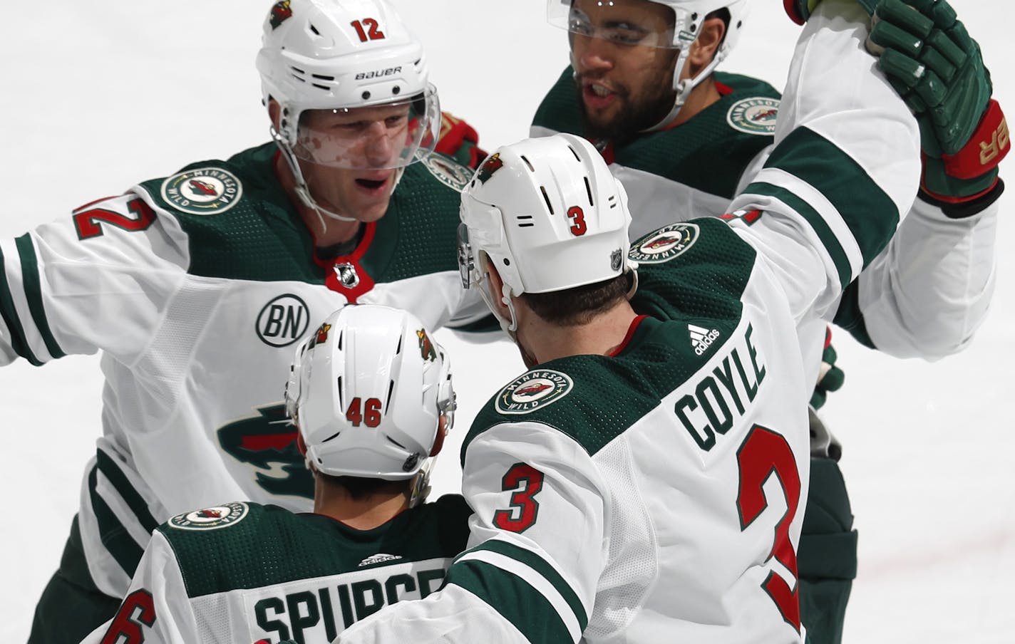 Minnesota Wild center Eric Staal, back left celebrates scoring a goal with left wing Jordan Greenway, back right, center Charlie Coyle, front right, and defenseman Nick Seeler in the first period of an NHL hockey game against the Colorado Avalanche, Wednesday, Jan. 23, 2019, in Denver. (AP Photo/David Zalubowski)