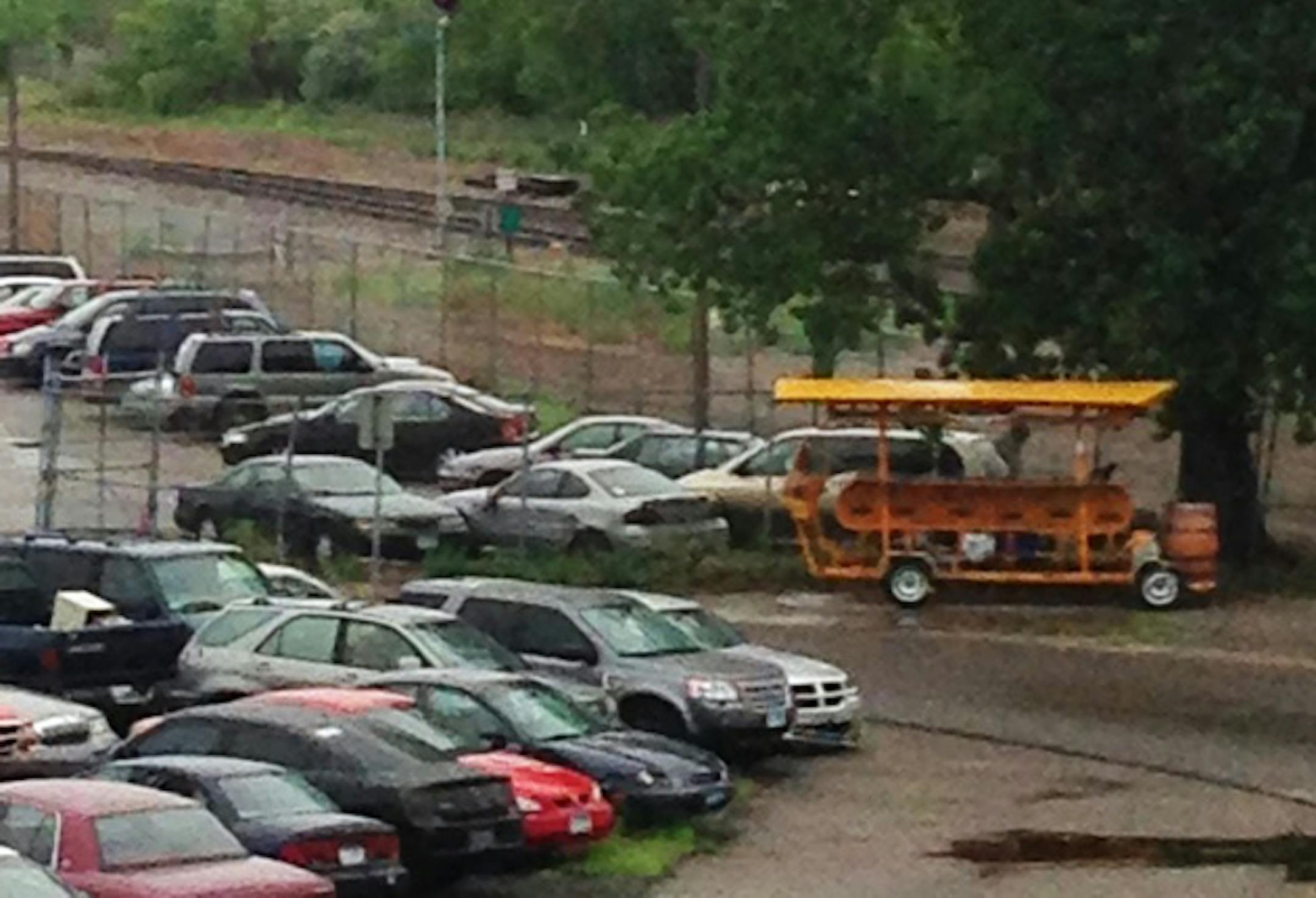A pedal pub sits in the Minneapolis impound lot.