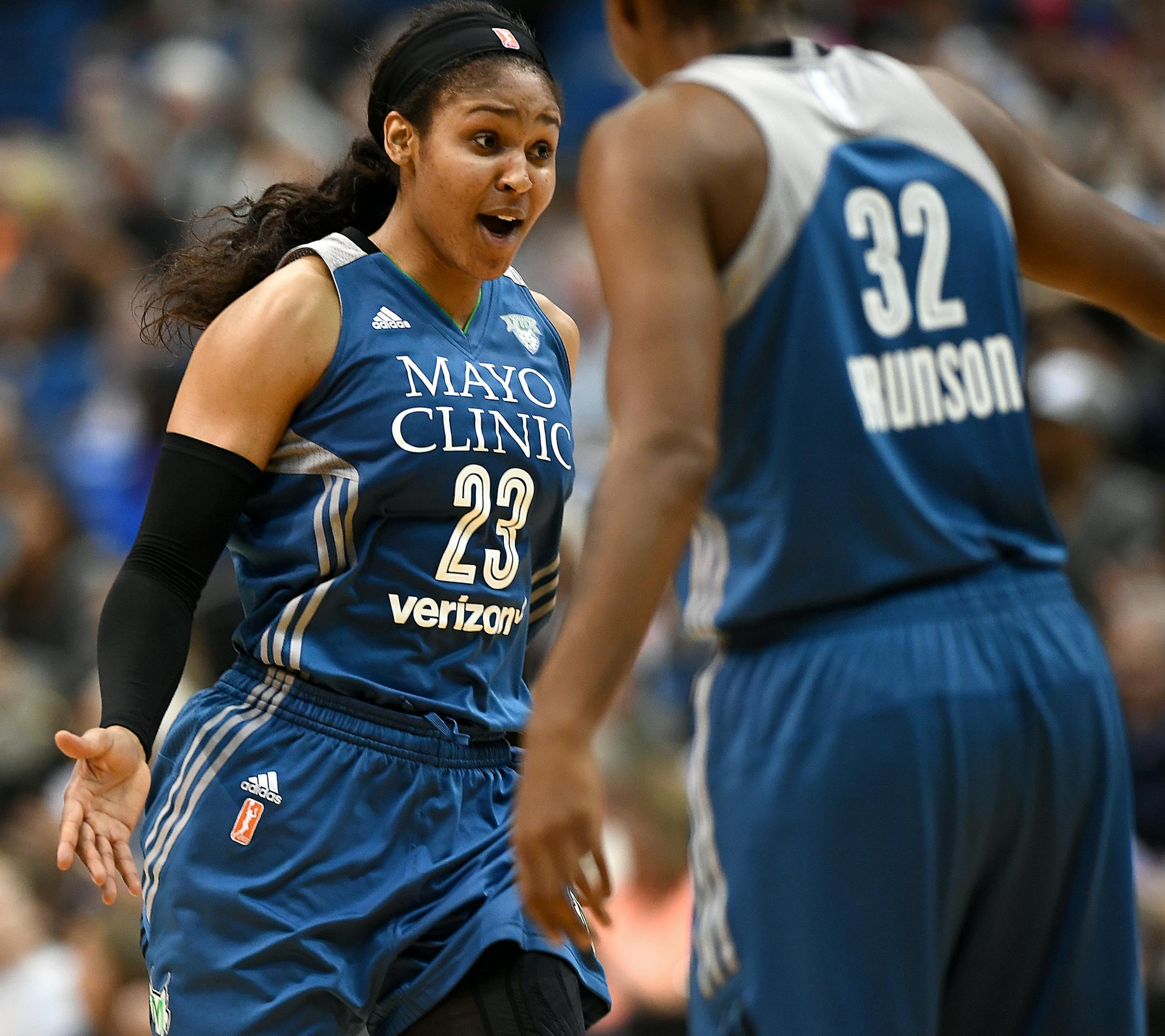 Minnesota Lynx forward Maya Moore (23) and Minnesota Lynx forward Rebekkah Brunson (32) high five after a Dallas Wings timeout midway through the fourth quarter. ] (AARON LAVINSKY/STAR TRIBUNE) aaron.lavinsky@startribune.com The Minnesota Lynx play the Dallas Wings on Saturday, June 4, 2016 at Target Center in Minneapolis, Minn.
