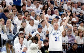 Minnesota Timberwolves fan Jordan Dye during Game 1 of the NBA Western Conference finals at Target Center in Minneapolis on Wednesday.