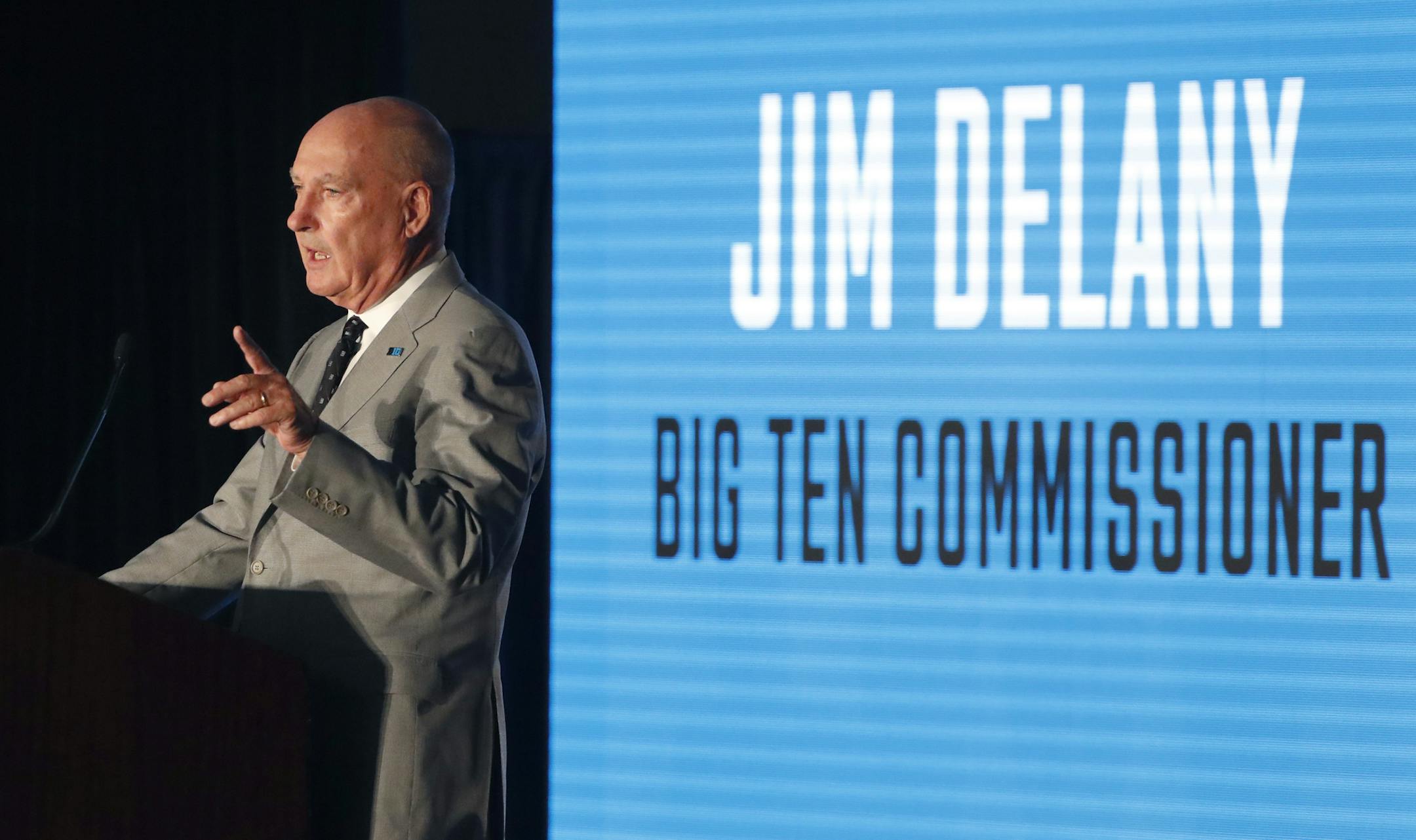 Bit Ten Commissioner Jim Delany responds to a question during the Big Ten Conference NCAA college football media days Thursday, July 18, 2019, in Chicago. (AP Photo/Charles Rex Arbogast)