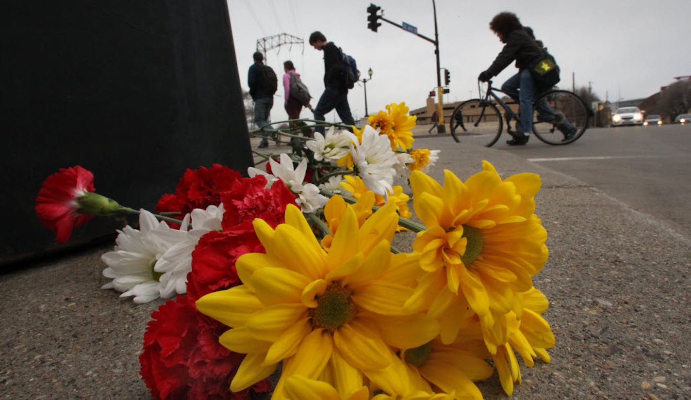 A memorial was placed near the site where bicyclist Kimberly Yeong Sil Hull was killed on Thursday morning near the University of Minnesota at 15th Avenue and 4th Street SE.