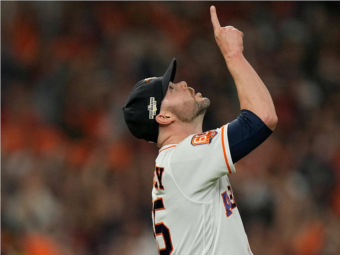 Houston Astros relief pitcher Ryan Pressly (55) reacts to the final out the ninth inning in Game 1 of baseball's American League Championship Series between the Houston Astros and the New York Yankees, Wednesday, Oct. 19, 2022, in Houston. The Houston Astros won 4-2. (AP Photo/Eric Gay)