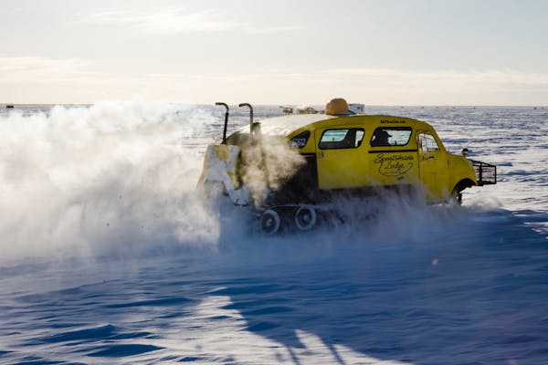 An ice team member at Sportsman's Resort cruised across Lake of the Woods in a Bomber in 2017.